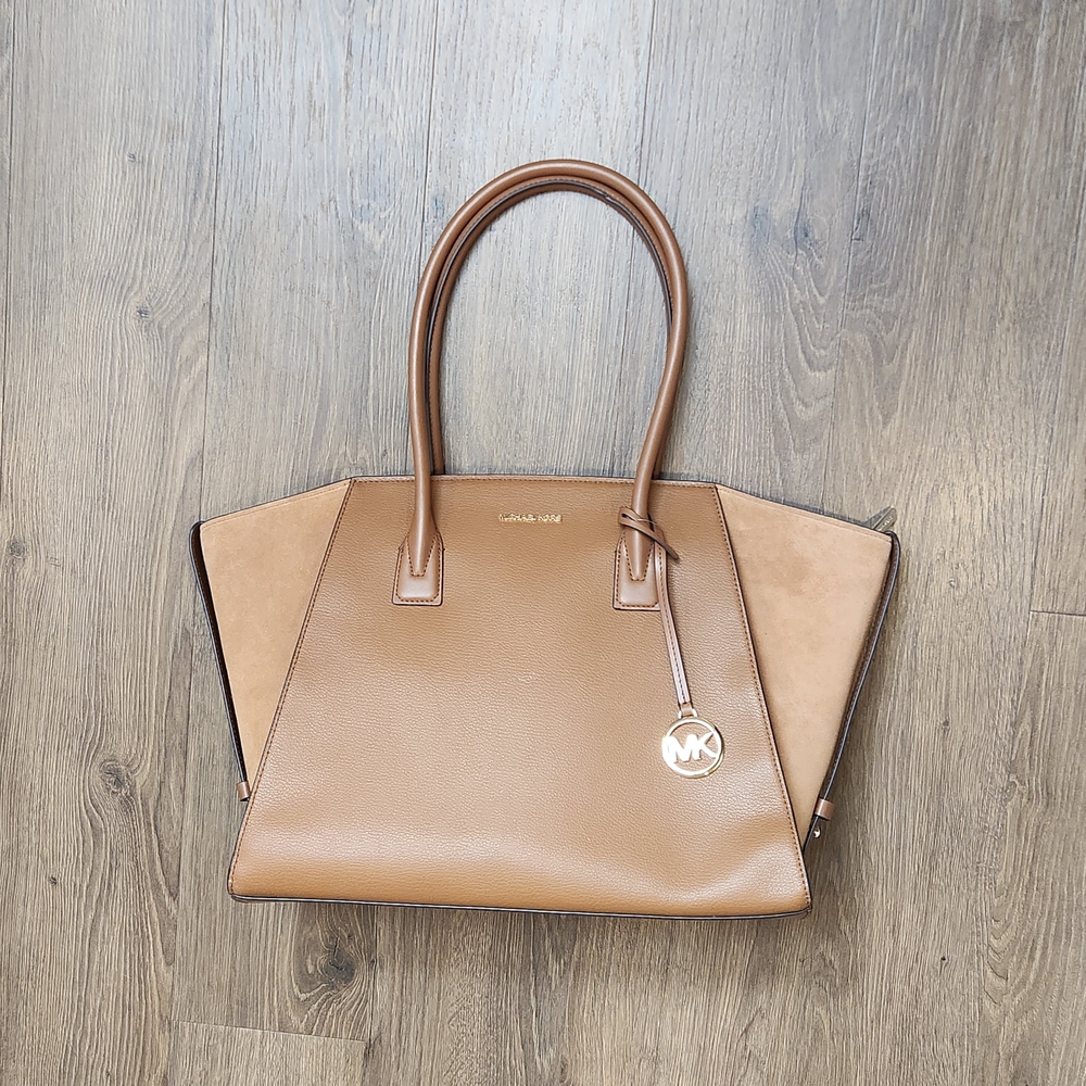 Michael Kors Avril XL Top Zip Tan Leather & Suede Satchel Tote